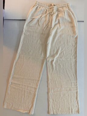 INDERO Women's Beige Viscose Linen Blend Wide Leg Drawstring Pants Size M